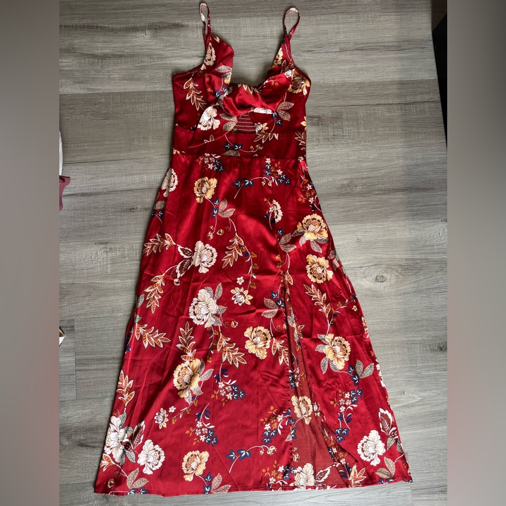 Floral Red Satin Dress